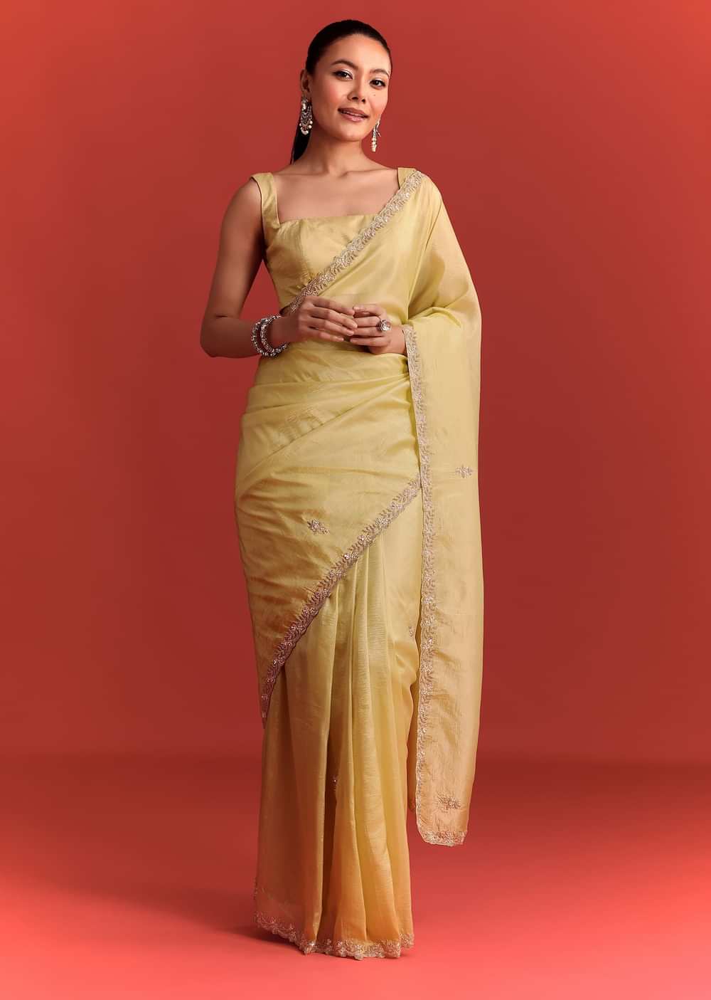 Mehndi Green Crushed Tissue Saree With Cutdana Work