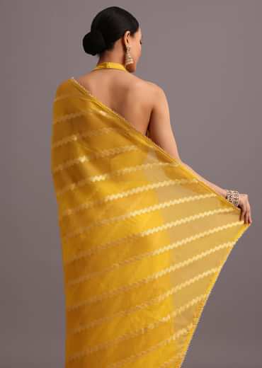 Yellow Dola Silk Leheriya Woven Saree With Gotta Patti Border