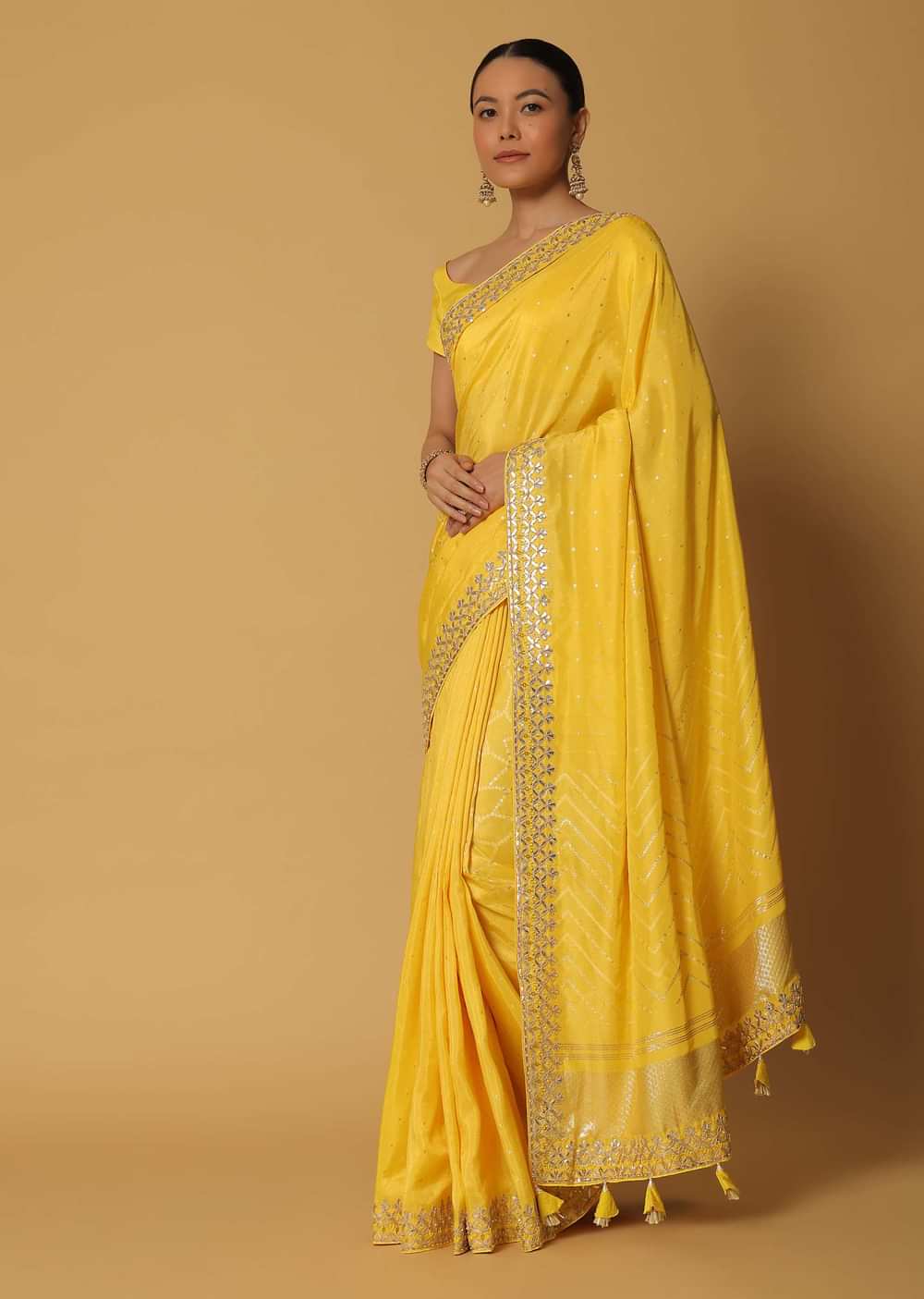 Yellow Dola Silk Saree With Gota Work And Unstitched Blouse Fabric