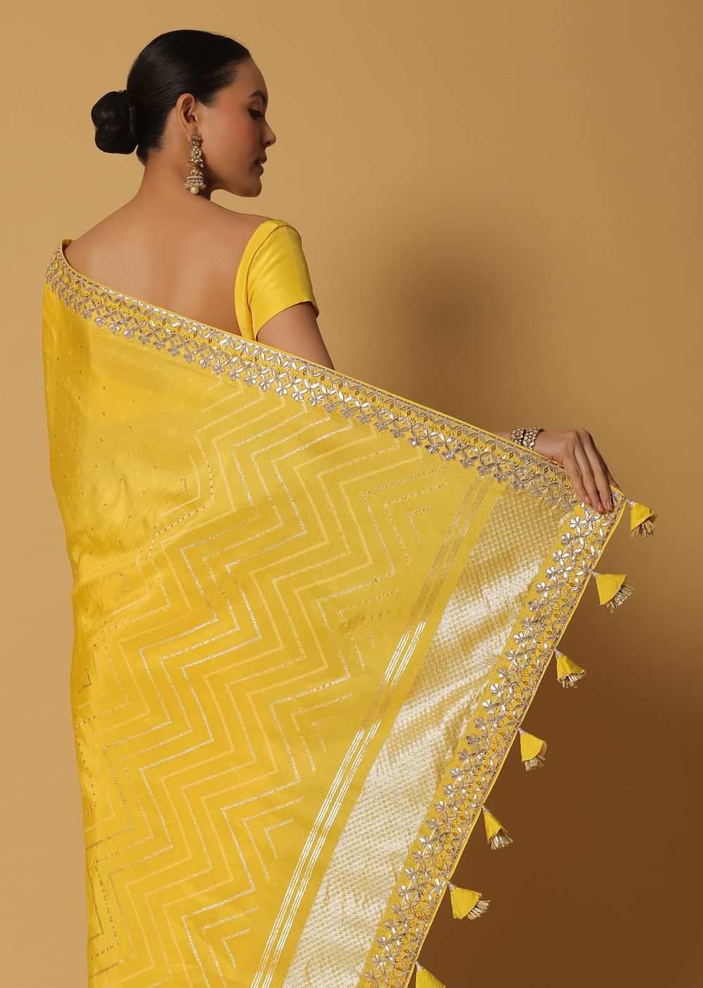 Yellow Dola Silk Saree With Gota Work And Unstitched Blouse Fabric