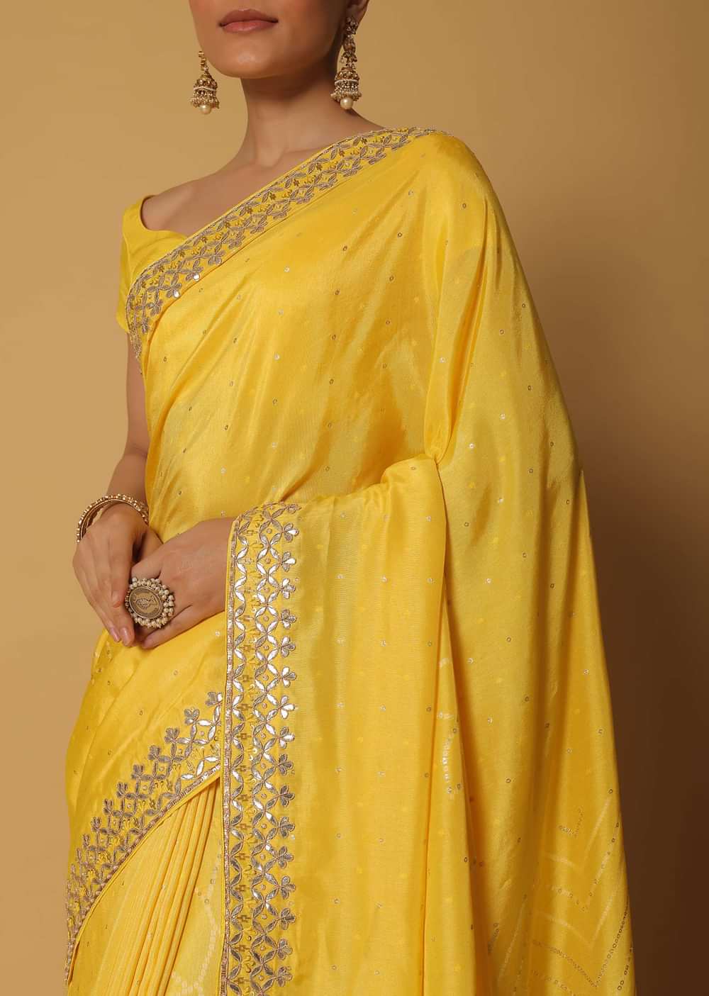 Yellow Dola Silk Saree With Gota Work And Unstitched Blouse Fabric