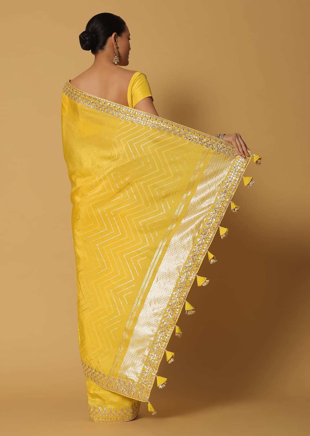Yellow Dola Silk Saree With Gota Work And Unstitched Blouse Fabric