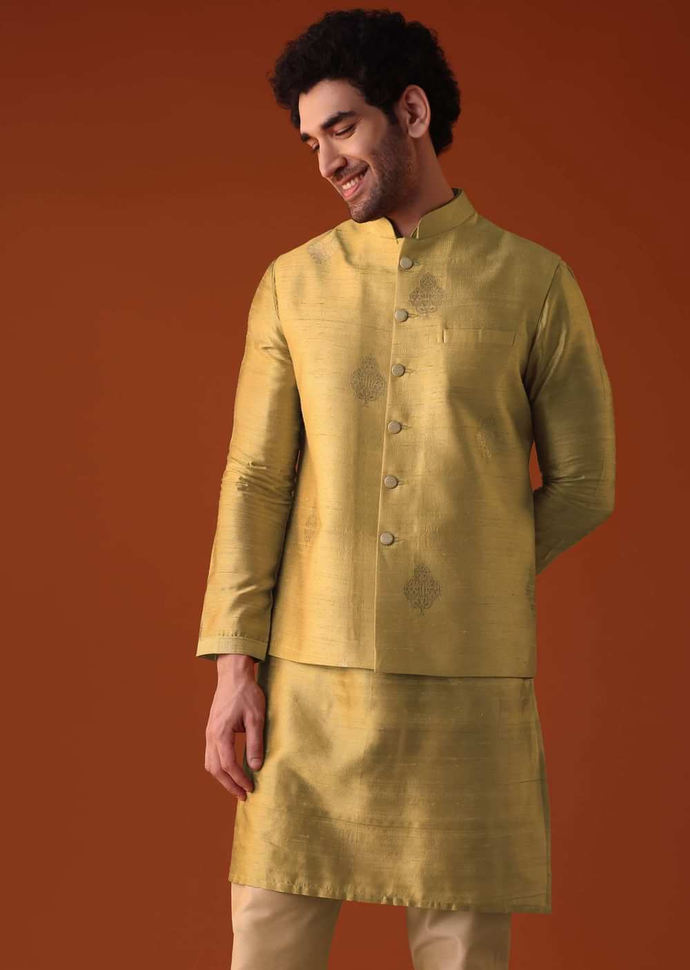 Yellow Dupion Jacket Kurta Set With Golden Floral Motifs