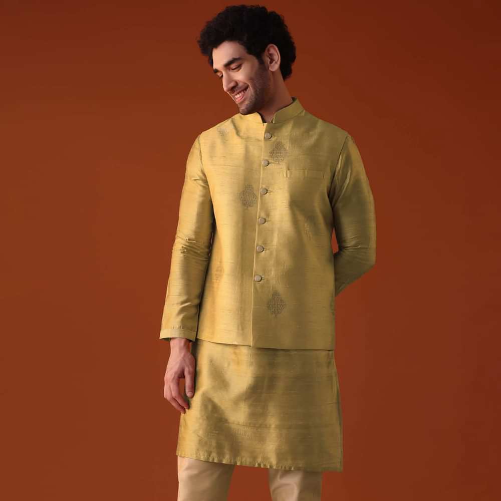 Yellow Dupion Jacket Kurta Set With Golden Floral Motifs