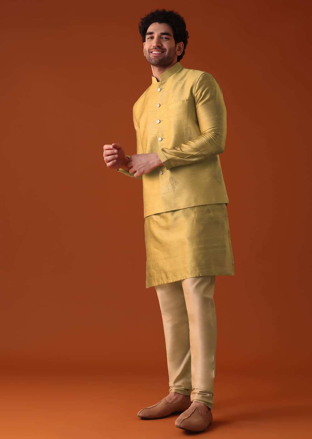 Yellow Dupion Jacket Kurta Set With Golden Floral Motifs