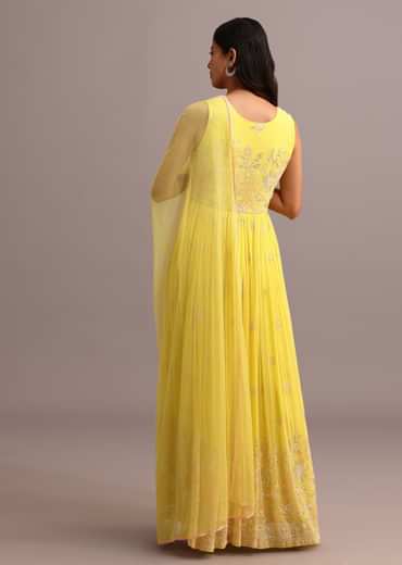 Yellow Embroidered Anarkali Pant Suit With Net Dupatta Yellow Embroidered Anarkali Pant Suit With Net Dupatta