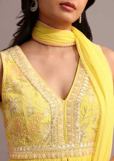 Yellow Embroidered Anarkali Pant Suit With Net Dupatta Yellow Embroidered Anarkali Pant Suit With Net Dupatta
