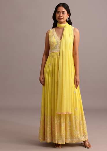 Yellow Embroidered Anarkali Pant Suit With Net Dupatta Yellow Embroidered Anarkali Pant Suit With Net Dupatta