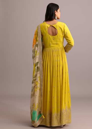 Yellow Embroidered Anarkali With Floral Printed Organza Dupatta