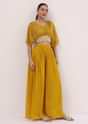 Yellow Embroidered Chiffon Crop Top And Palazzo