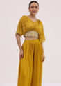 Yellow Embroidered Chiffon Crop Top And Palazzo