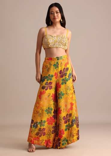 Yellow Embroidered Chiffon Palazzo Suit With Jacket