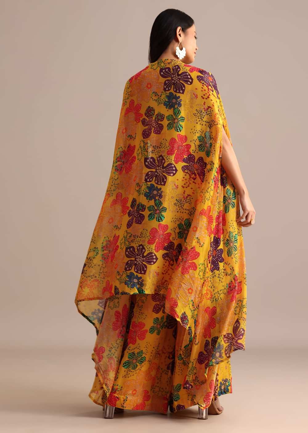 Yellow Embroidered Chiffon Palazzo Suit With Jacket