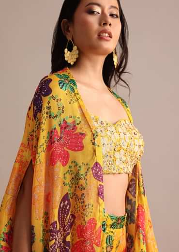 Yellow Embroidered Chiffon Palazzo Suit With Jacket