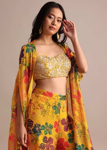 Yellow Embroidered Chiffon Palazzo Suit With Jacket