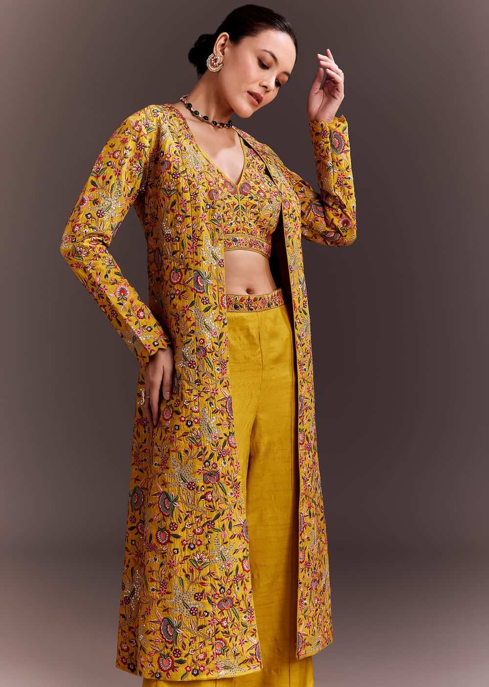 Yellow Embroidered Crop Top And Pant Set With Long Jacket