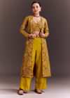 Yellow Embroidered Crop Top And Pant Set With Long Jacket