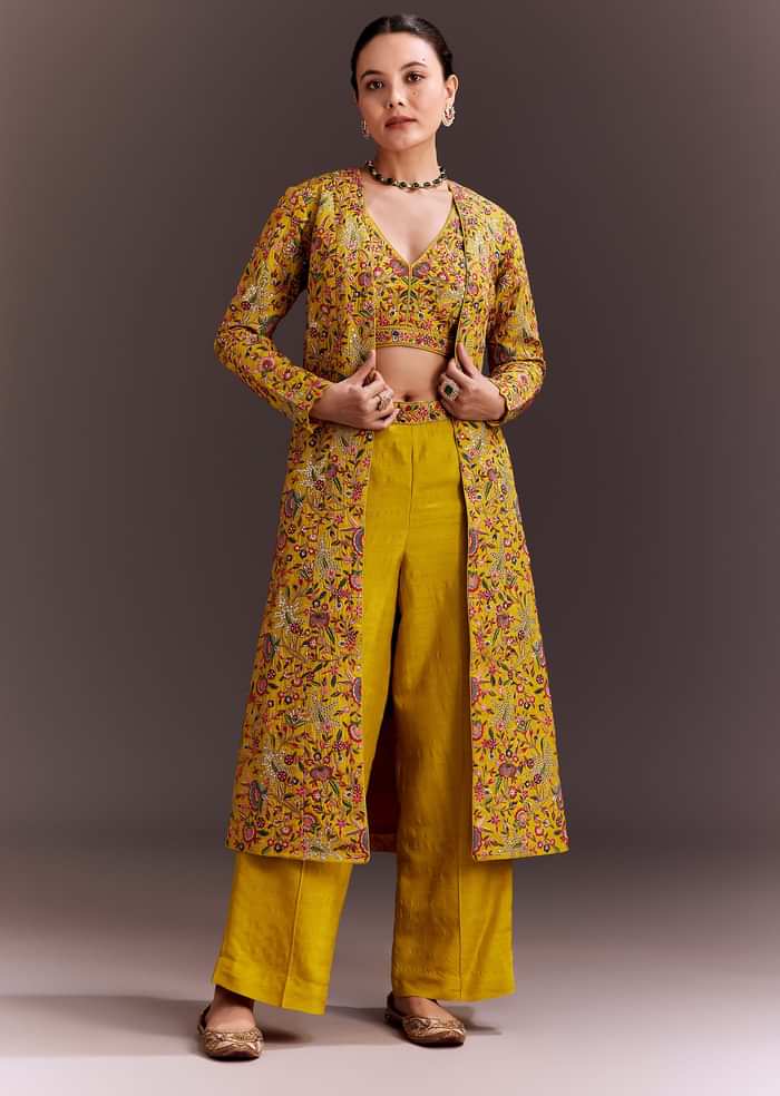 Yellow Embroidered Crop Top And Pant Set With Long Jacket