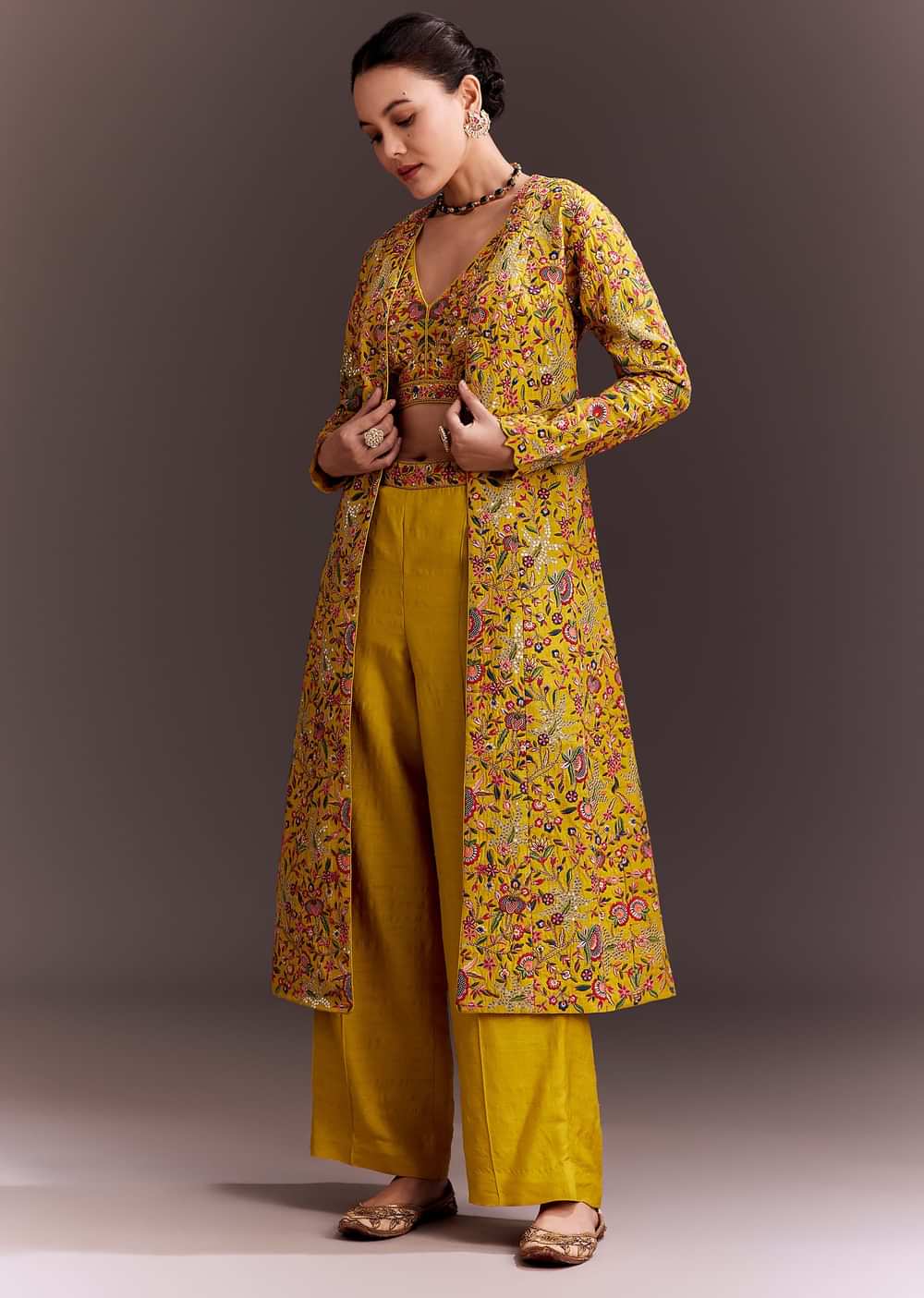 Yellow Embroidered Crop Top And Pant Set With Long Jacket
