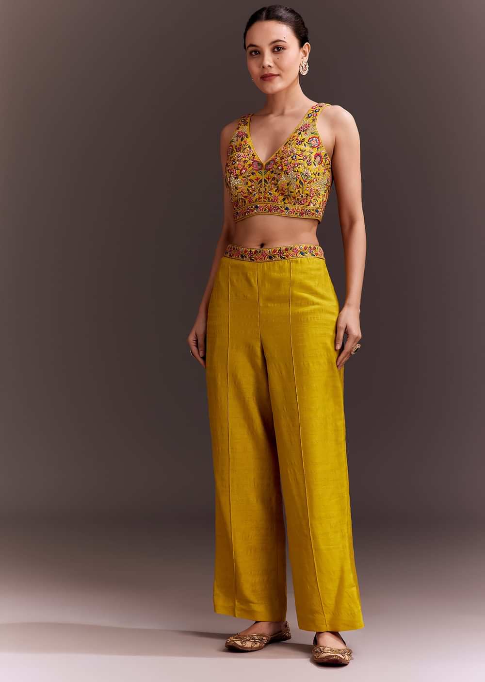Yellow Embroidered Crop Top And Pant Set With Long Jacket