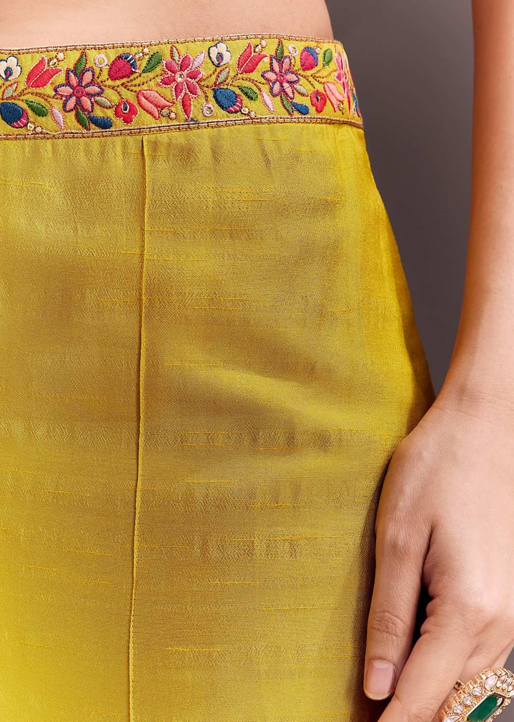 Yellow Embroidered Crop Top And Pant Set With Long Jacket