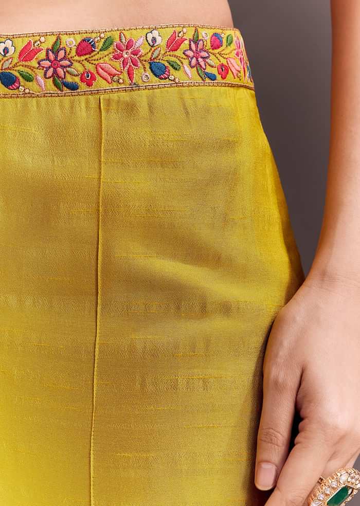 Yellow Embroidered Crop Top And Pant Set With Long Jacket