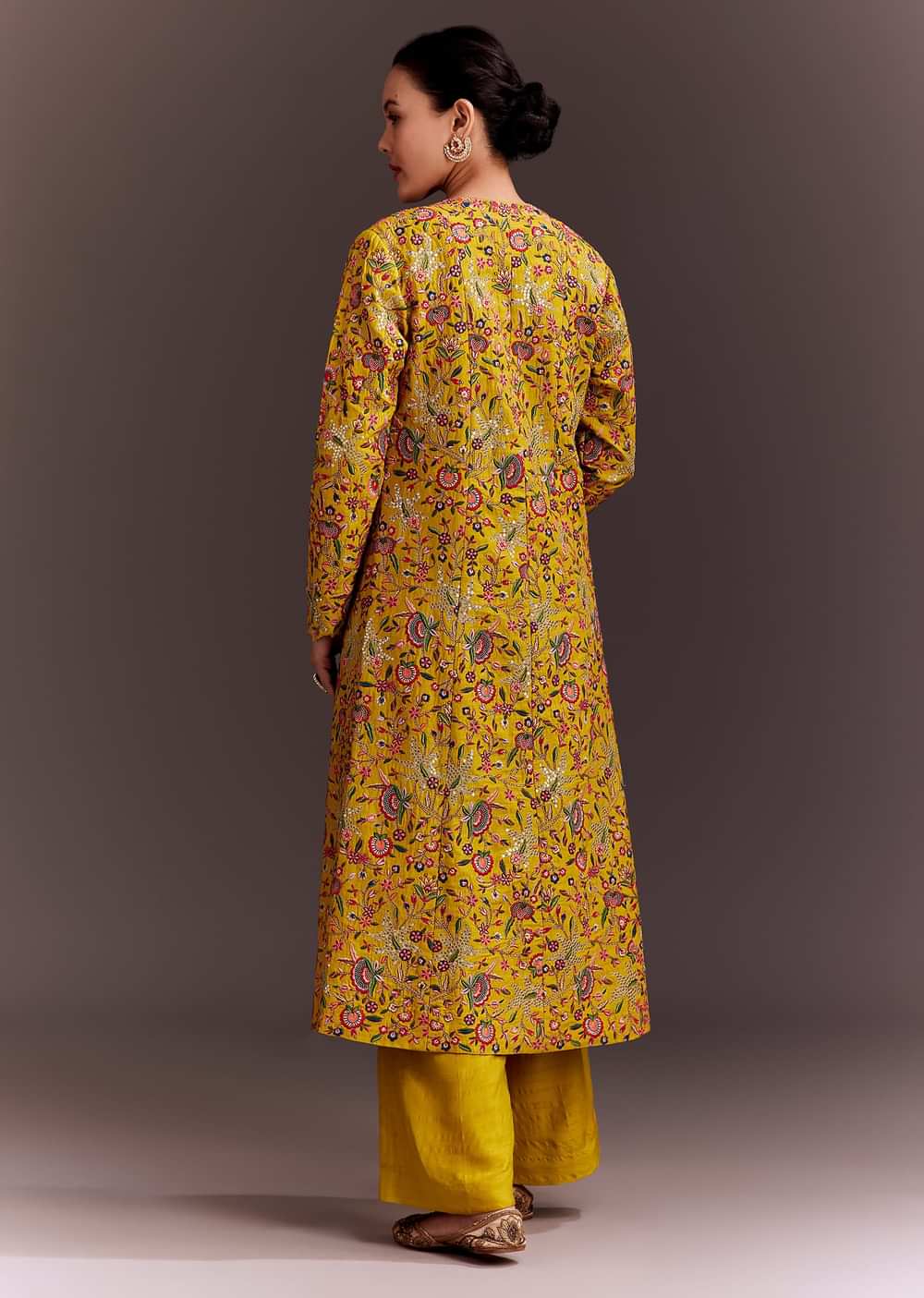 Yellow Embroidered Crop Top And Pant Set With Long Jacket