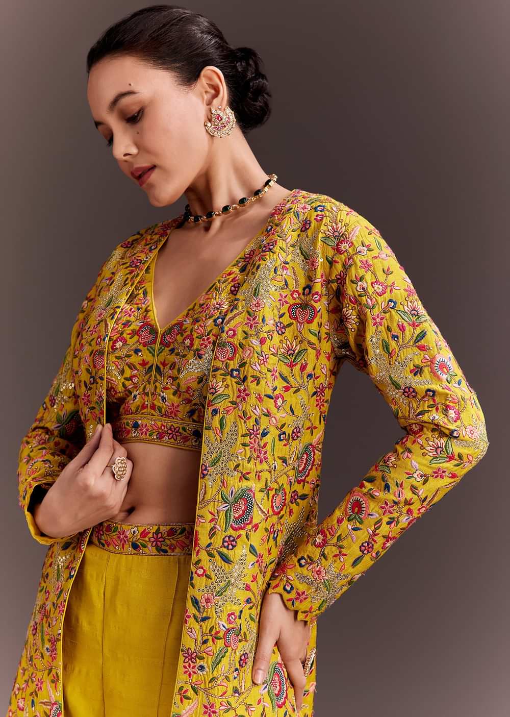 Yellow Embroidered Crop Top And Pant Set With Long Jacket