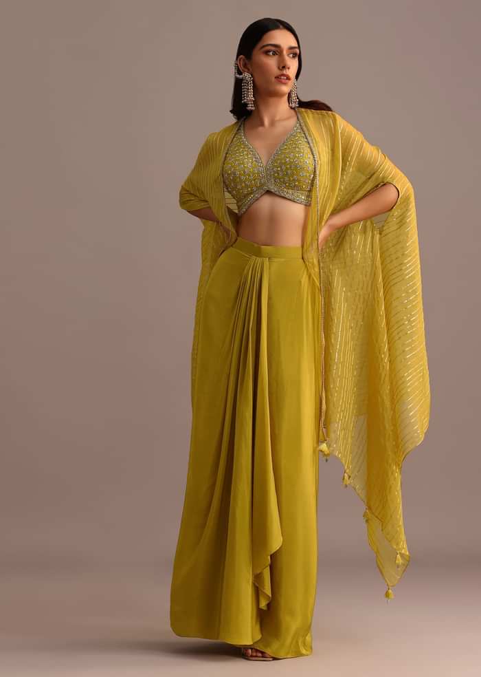 Mehendi Green Embroidered Croptop Skirt Set With Chanderi Jacket