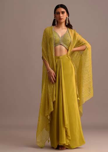 Mehendi Green Embroidered Croptop Skirt Set With Chanderi Jacket