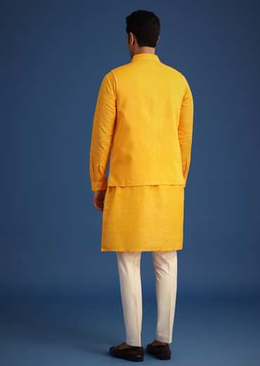 Yellow Embroidered Jacket And Kurta Set In Silk