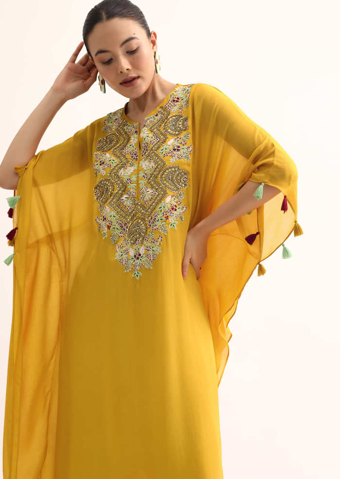 Yellow Embroidered Kaftan Kurta Set