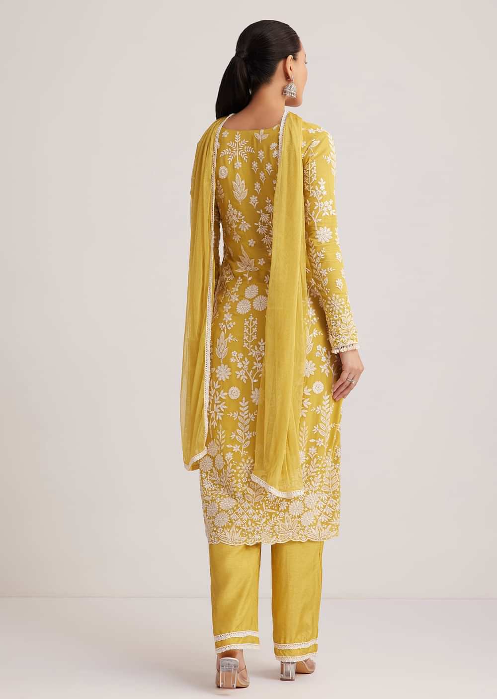 Yellow Embroidered Kurta Pant And Dupatta Set