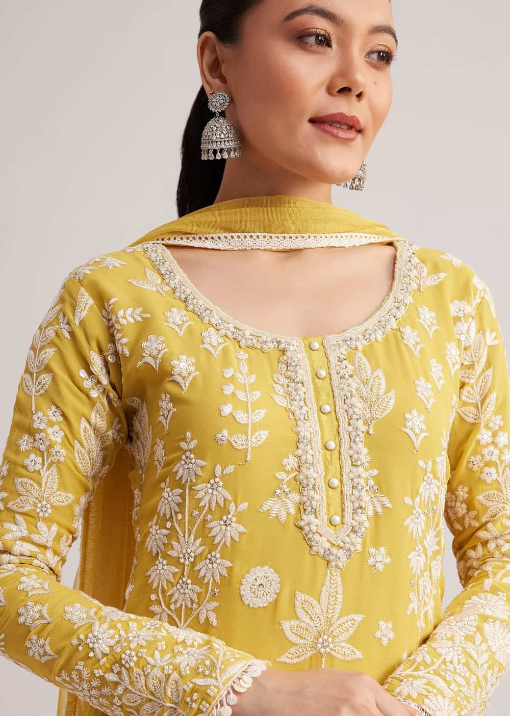 Yellow Embroidered Kurta Pant And Dupatta Set
