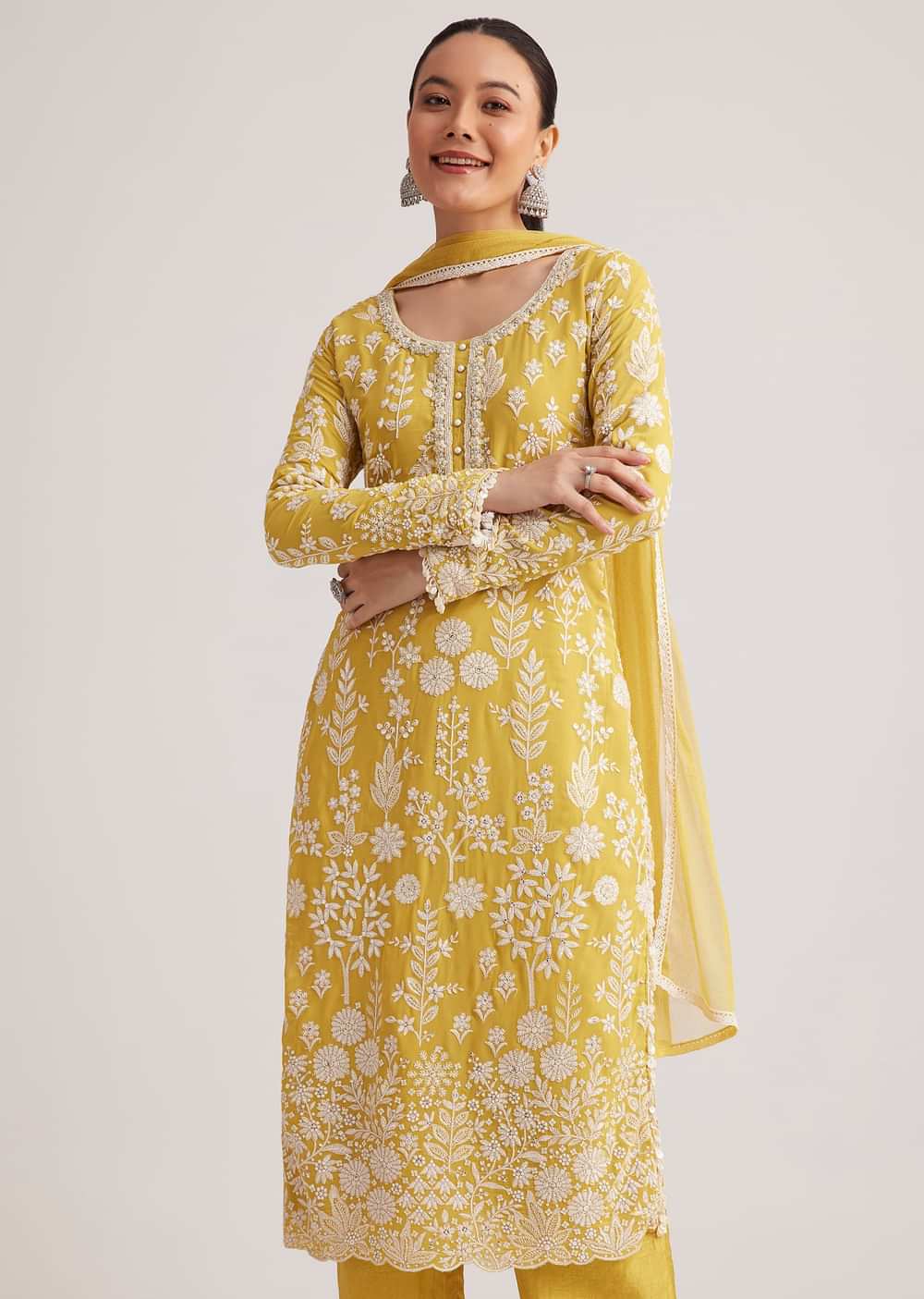 Yellow Embroidered Kurta Pant And Dupatta Set