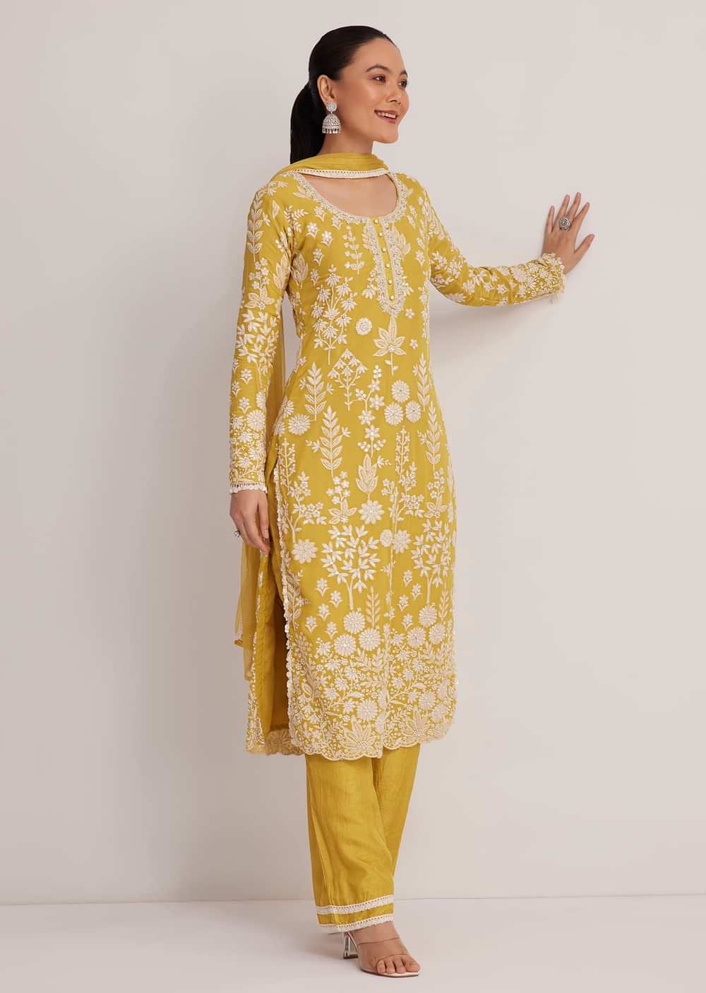 Yellow Embroidered Kurta Pant And Dupatta Set