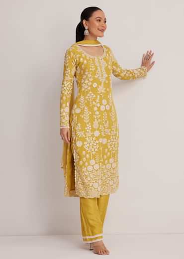 Yellow Embroidered Kurta Pant And Dupatta Set