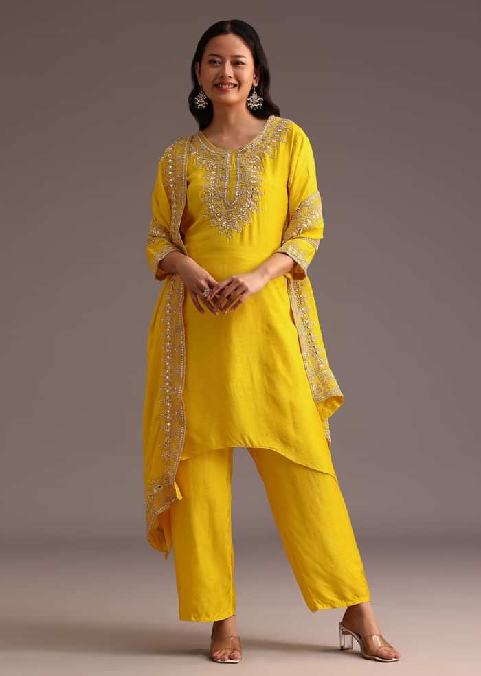 Yellow Embroidered Kurta Set With Chanderi Dupatta