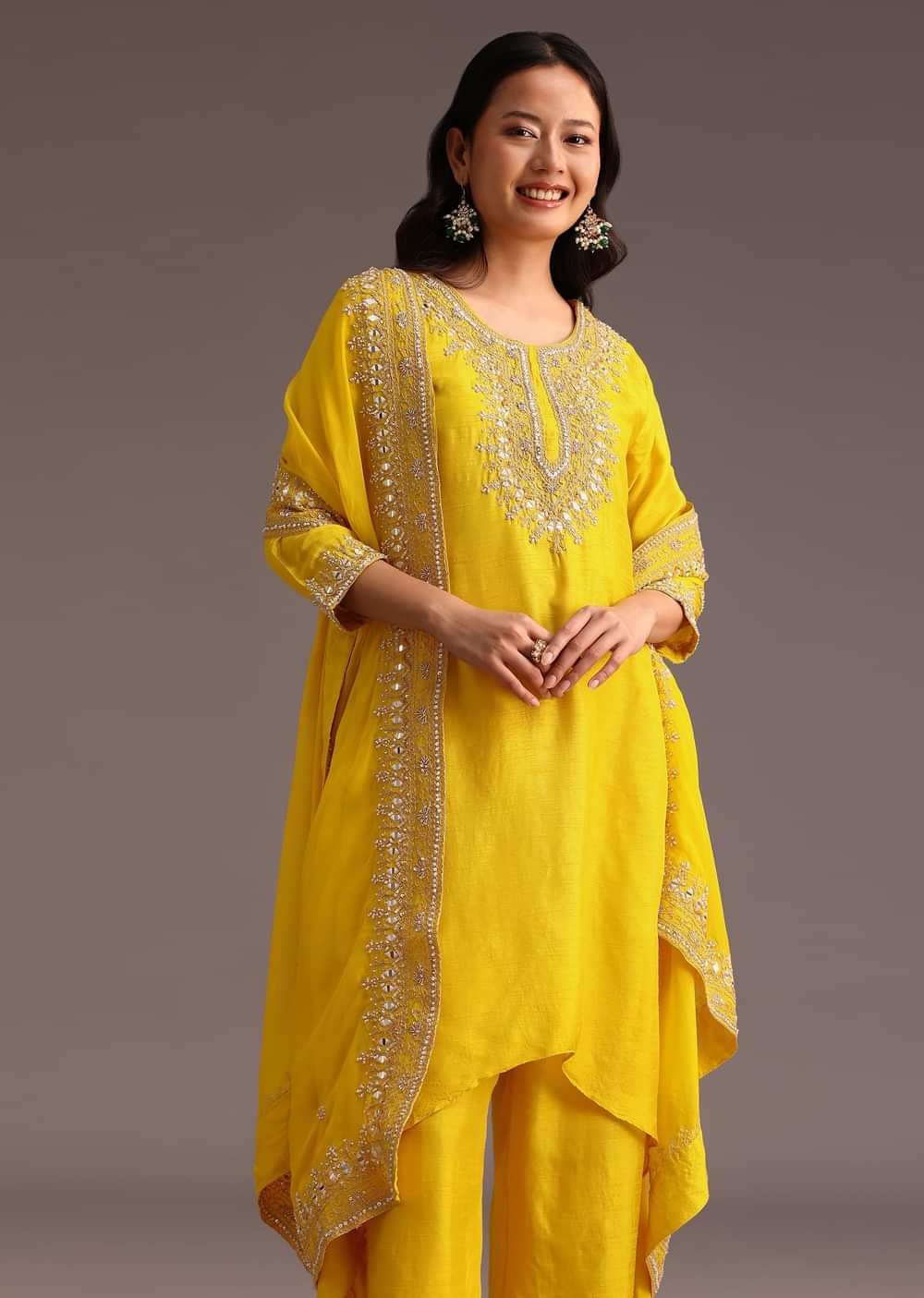 Yellow Embroidered Kurta Set With Chanderi Dupatta