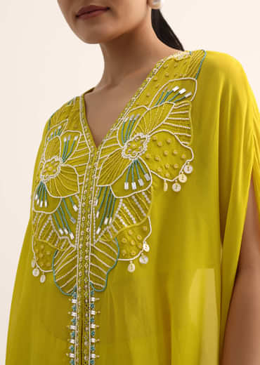 Yellow  Embroidered Organza Crop Top Set With Cape
