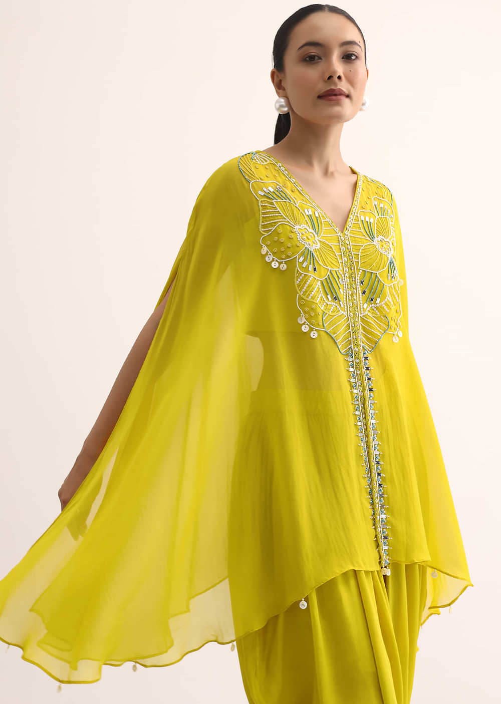 Yellow  Embroidered Organza Crop Top Set With Cape