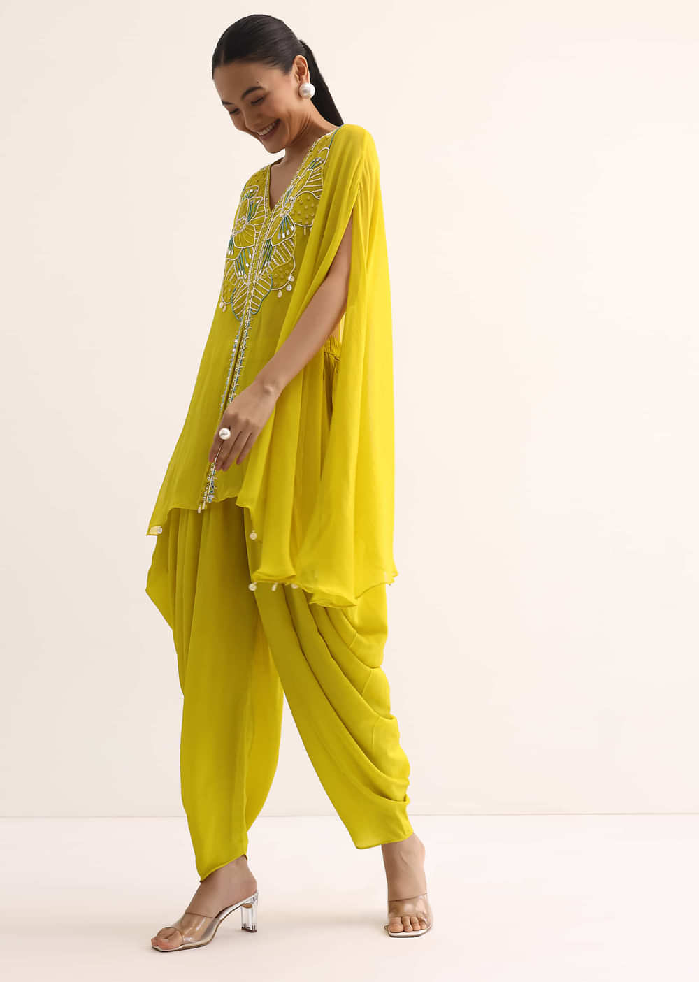 Yellow  Embroidered Organza Crop Top Set With Cape