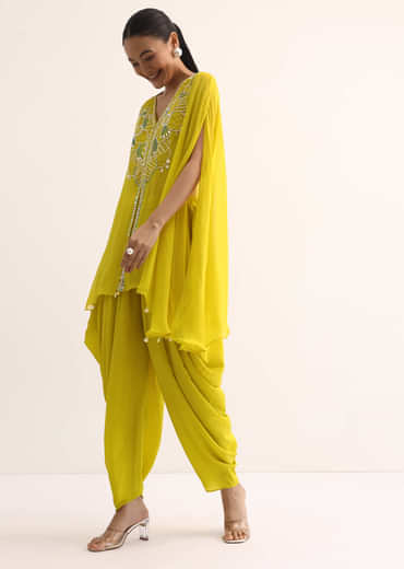 Yellow  Embroidered Organza Crop Top Set With Cape