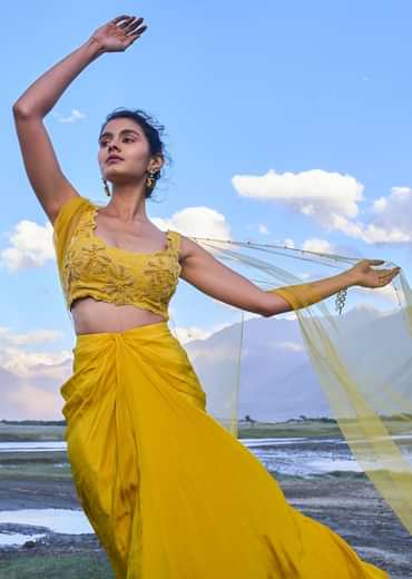 Yellow Pre Draped Skirt With Embroidered Corset Blouse And Cape