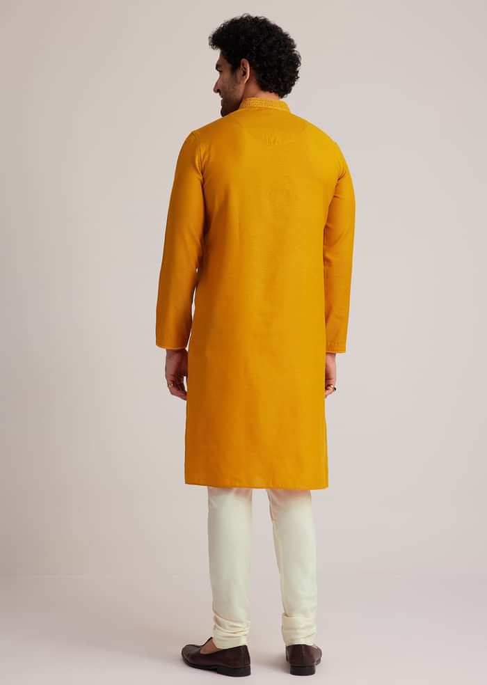 Yellow Embroidered Silk Kurta Set