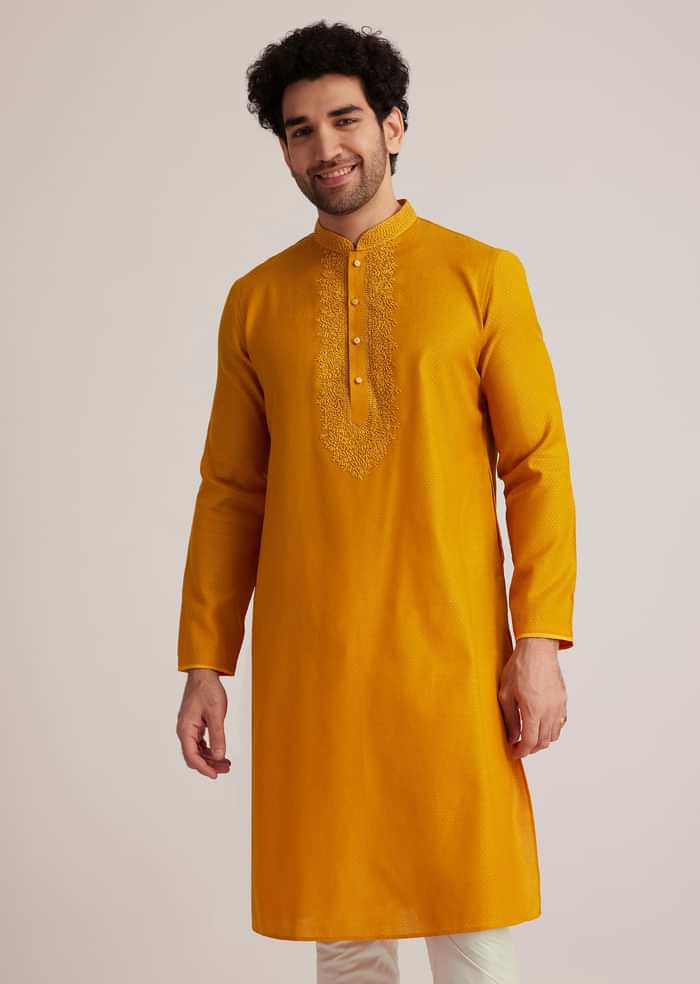 Yellow Embroidered Silk Kurta Set