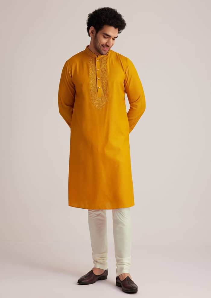 Yellow Embroidered Silk Kurta Set