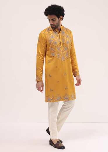 Yellow Embroidered Silk Kurta Set For Men