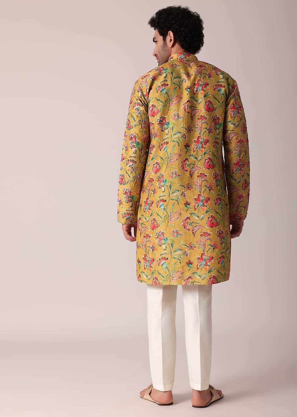 Yellow Floral Hand Embroidered Silk Kurta Set