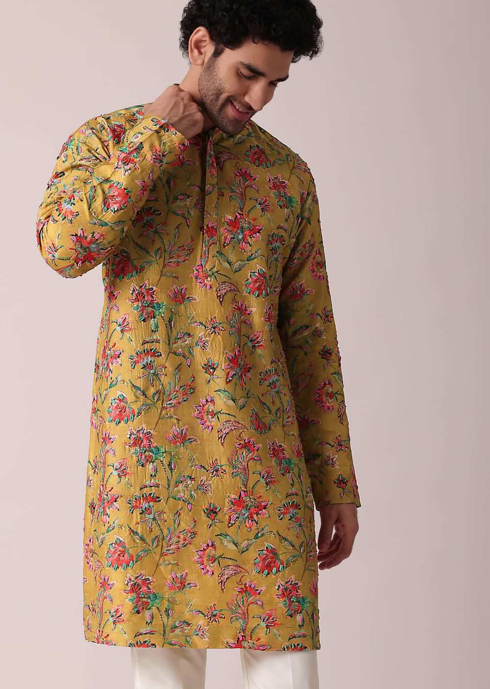 Yellow Floral Hand Embroidered Silk Kurta Set